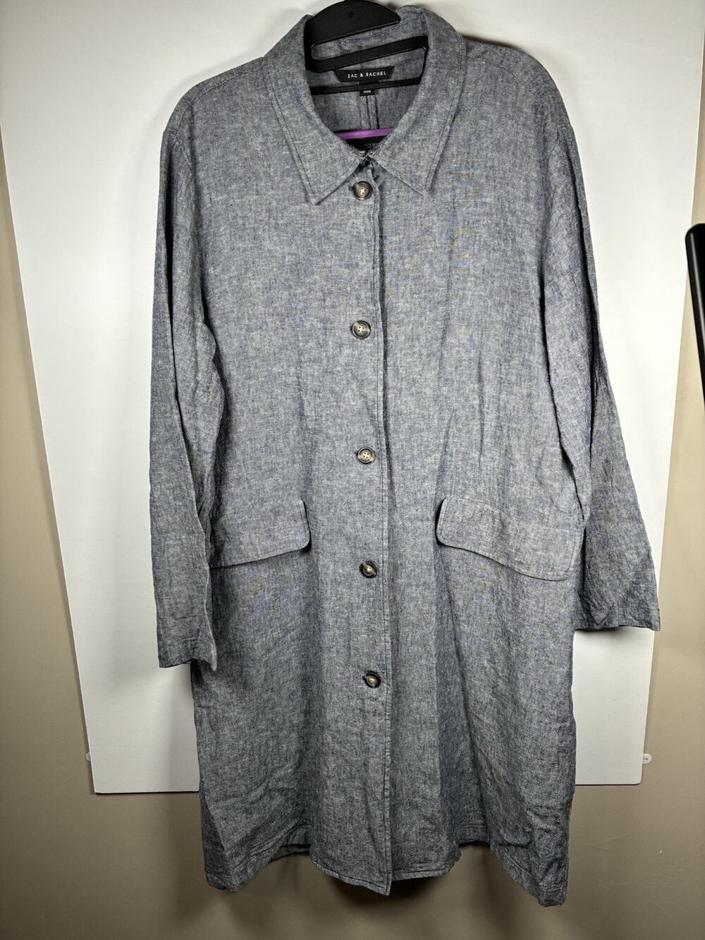 Zac & Rachel Womens L Linen Blend Duster Coat Blue Chambray Button Front Jacket